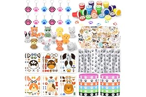 BOIKOKY 122Pcs Hunde Partygeschenke, Hunde Motto Geburtstagsparty Zubehör, Enthalten 12 Hunde Party Geschenktüten, 12 Hunde DIY Gesichtsaufkleber, 12 Hunde Schlüsselanhänger und 50 Hundeaufkleber für Kinder