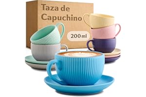Cosumy Tazas de Capuchino con Platos - 6 Tazas de Café Pastel con Asa - 200ml - Diseño único a rayas - Cerámica mate - Apto para lavavajillas