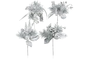 ‎COM-FOUR com-four® 4X Deko-Gesteck, dekorative Zweige als tolle Weihnachtsdekoration, schöner Raumschmuck, verschönert Geschenke auch für Kränze und Blumenarrangements DIY (silberfarben - klein)