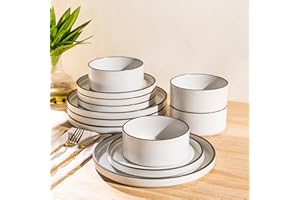 LeRatio Dinner Set for 4, 12 Piece Stoneware Plates and Bowls Set, Chip and Scratch Resistant Dinnerware Set, Oven & Dishwasher & Microwave Safe Crockery Set (White-Black Rim, Service for 4)