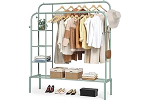 JOISCOPE Metal Clothes Rail, 49.6 * 62.2 Inch Clothes Rack for Bedroom with 2 Hanging Rails to Hang Clothes, 4 Clothes Hooks, 3 Side Shelves and Bottom Shelve for Shoes and Clothes Storage, Green