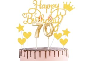 HONGCI Happy 70th Birthday Cake Topper & Birthday Candles Gold Number 70 Candles for Birthday Cake - 70th Birthday Candles Cake Cupcake Topper Birthday Cake Decorations for Women Men Birthday Gold