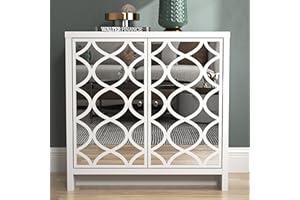 Galano Iris 2 Door Sideboard – Storage Cabinet for Living Room & Kitchen – Space Saving Side Unit with Arylic Mirror Doors, Modern Side Board Organizer - White