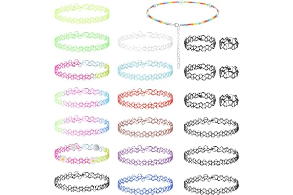 JIEYAO 23 stycken choker halsbandsset, stretch tatueringskedja elastiskt halsband 17 x choker gotiska 3 x armband svart 3 x ringar färgglad neon choker kedja 90-talet tillbehör för flickor kvinnor