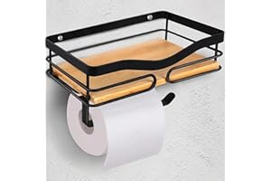 JOLY FANG Porte Papier Toilette Murale avec étagère en Bambou Naturel, Range Papier Toilette sans Percage, Rustique Porte Rouleau, Support Papier Toilette Adhesif pour Salle de Bain et Cuisine (Noir)
