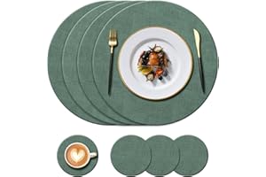 KERYCHIN Round Washable Leather Place mats(34cm) and Coasters(10cm) Set, Heat Resistant 212 °F, Non-Slip and Waterproof, Easy to Clean for Restaurant, Dining Room, Kitchen, Hotel, 8 Pieces, (Green)