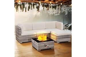 AFURNI 5 Piece Rattan Garden Furniture Set with Fire Pit, Outdoor Sectional Sofa Set, Grey Wicker with White Cushions, Rattan Fire Pit Table Sets