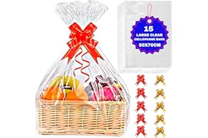 MAARA Cellophane Bags Large, Pack Of 15 (50CMX70CM / 20"X27") Clear Large Hamper Bags Wrapping With 20 Pull Bows, Cellophane Wrap Bags For Hampers, Packaging Basket Bag, Clear Gift Bags For Presents