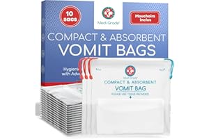 Sacs à vomi Zéro Odeur avec tampons Super absorbants + Serviettes de Nettoyage,10 Pack par Medi Grade – Transforme Le Vomi en Gel – Contenance de 750 ML – pour Enfant et Adulte