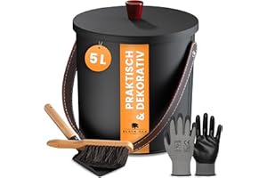 BLACK OAK Ascheeimer TOBA 5L - schwarz mit Deckel mit Holzknauf + Feger + Schaufel & Handschuhen - 5L groß Stahl feuerfest verzinkt & pulverbeschichtet Eimer für Asche Kohle Pellets Kamin