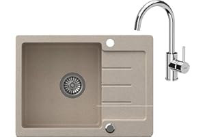 VBChome Lavello con rubinetto, colore beige, granito, 60 x 44 cm, lavello singolo da incasso, reversibile, con sifone cromato