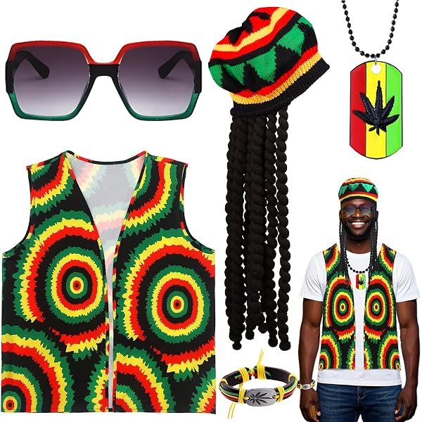 W WIDMANN MILANO Party Fashion 68542 – Costume de Rasta, bonnet avec dreadlocks, lunettes et joint, Jamaïque, fête à thème, carnaval