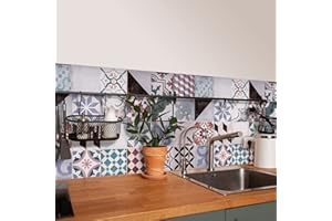 ‎CREARREDA Spritzschutz für Küche, Wandaufkleber Cementine Lila, 180 x 60 cm, 100% Made in Italy mit ungiftiger Tinte, schwer entflammbar und wasserbeständig