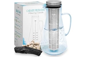 ORINKO® Jarra Cristal con Infusionador 1,6L con Carbón Activado Binchotan y Perlas de Cerámica EM x15 - Filtro Natural para Purificación de Agua - Ideal para Nevera, Café y Bebidas Saludables