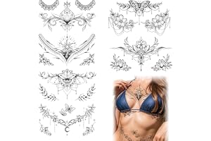 VelvetGlow 6 st set svart blomma stor tillfällig brösttatuering kvinnor och midja falska ryggtatueringar för vuxna flickor, Mandala blomma gren tatuering klistermärken kroppskonst