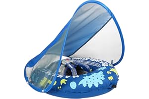 HECCEI Bouee Bebe Autom Gonflable, Mambobay Pliage Compressible Flotteur de Piscine pour Bébé avec Auvent, Bouée Bébé avec Réglable Taille Protection Bague de Natation pour Enfant de 3-24 Mois