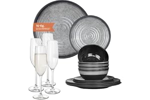 Melamin campingservis set 4 personer stengrå + 4 tiamo mästare glas flûtes porslin picknick BBQ köksredskap
