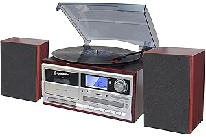 Roadstar HIF-8892EBT Mini Chaîne Hi-FI avec Platine Vinyle Vintage 3 Vitesses 33/45/78, Radio FM, Lecteur CD-MP3, Cassette, Bluetooth, USB Fonction d'enregistrement/Carte SD, Télécommande, Bois
