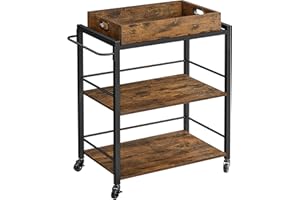 VASAGLE Carrello da Cucina con Vassoio Rimovibile, Carrello Portavivande Fisso o con Ruote, Struttura in Acciaio, Scaffale Cucina 40 x 72 x 86 cm, Marrone Vintage e Nero Inchiostro LRC72X