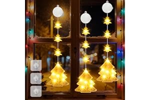 HERMORRYSS Luci di Natale, 3 Pezzi Tenda Luci Natalizie a Batteria, Decorazioni Natalizie con Ventose e Timer, 2 Modalità, Luci Natale Interno Decorativa per Finestra, Porta, Bar (Albero di Natale)