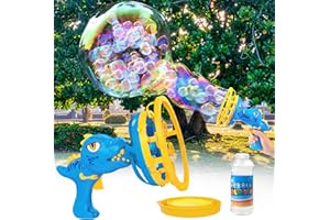 Plunack Pistola a Bolle d'Aria per Bambini, Macchina Bolle di Sapone, Dinosauro Bubble Machine con 236ml di Liquido Bolle Sapone, Bolle Giocattoli per Regalo di Compleanno per Bambini 3 6 9 12 Anni