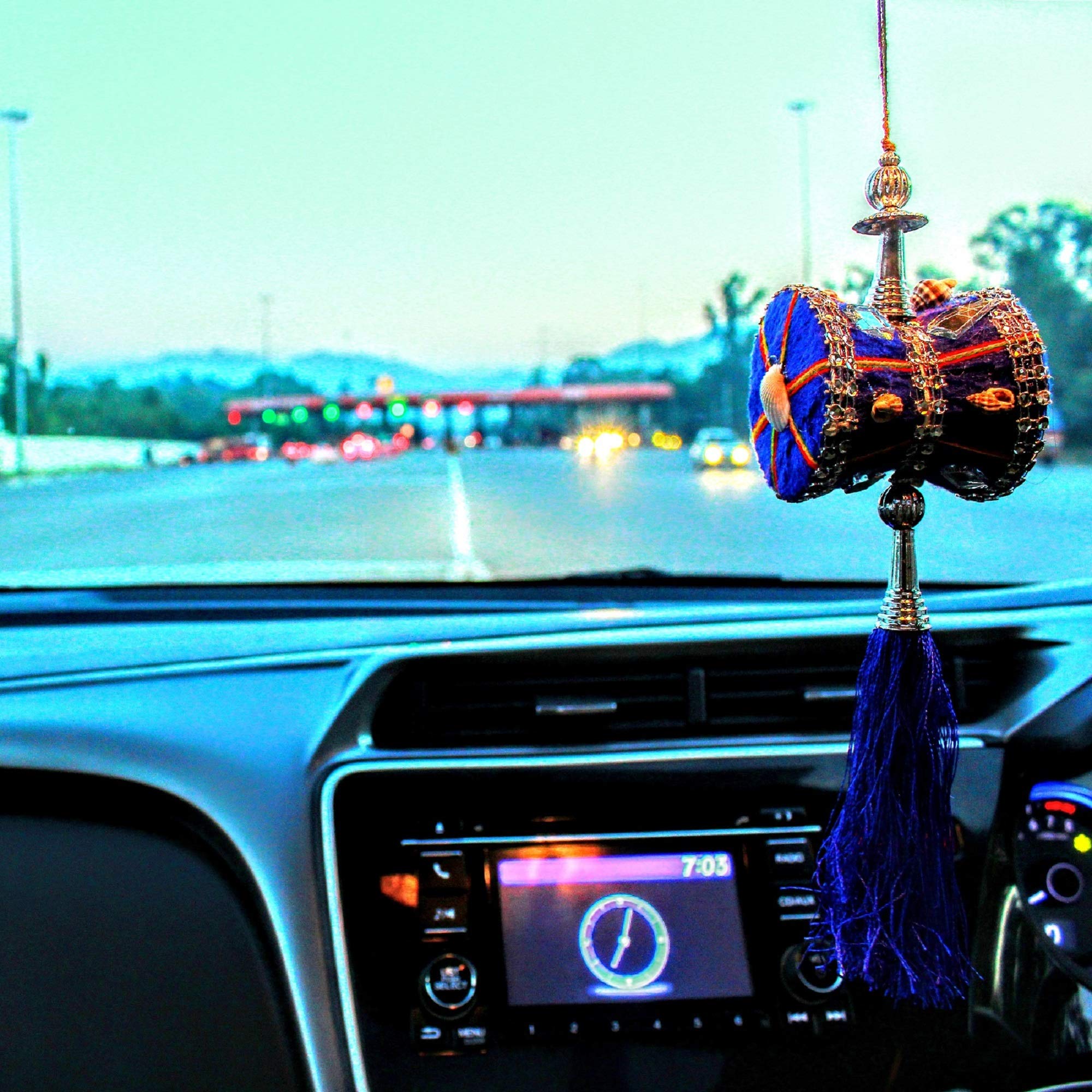 U & U UNIQUE UTILITIES Car Mirror Hanging Interior Decor Accessories,Velvet Cloth handmade Car Decoration Damru,7x6x6cm; Blue - Image 7