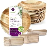 GoBeTree Disposable Plates and Palm Leaf Cutlery, 25 Round 25 cm | 100 Piece Complete Tableware Set for 25 Diners with 75 Woo