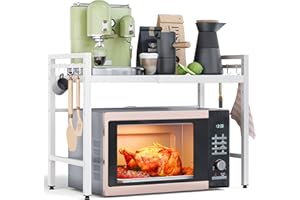 NETEL Soporte Extensible para microondas de 2 Niveles, Estante microondas encimera Ajustable, Soporte de Horno de Cocina, estanteria Cocina encimera, Organizador microondas con 8 Ganchos, Blanco