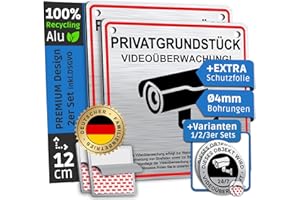 ‎SCHILDERBOXX SCHILDERBOXX® 2er Set Schild Videoüberwachung Privatgrundstück [12x12cm, 100% Alu, 3M Tape, 4x Bohrlöcher] - Aufkleber Video Überwachung, Grundstück Kameraüberwacht, Achtung Kameraüberwachung