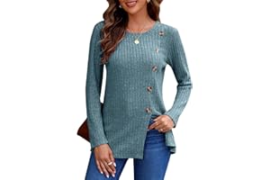 AUSELILY Damskie swetry dla kobiet UK topy z długim rękawem lekkie luźne na co dzień jesień zima tunika swetry okrągły dekolt koszule guziki boczne