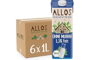 ‎ALLOS Allos Bio Ohne Muhhh 1,5% | Milchalternative | Drink auf Pflanzenbasis | vegan | schäumbar | perfekt für Kaffee | laktosefrei | Quelle von Calcium und Vitaminen | Reich an Protein | 1 Liter (6 Stück)