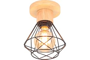iDEGU Industrial Lampa sufitowa, 16 cm Vintage E27 Retro Lustre Zawieszenie z żelaza i drewna klatka design czarna lampa sufitowa do wejścia do pokoju kuchennego (1 sztuki)