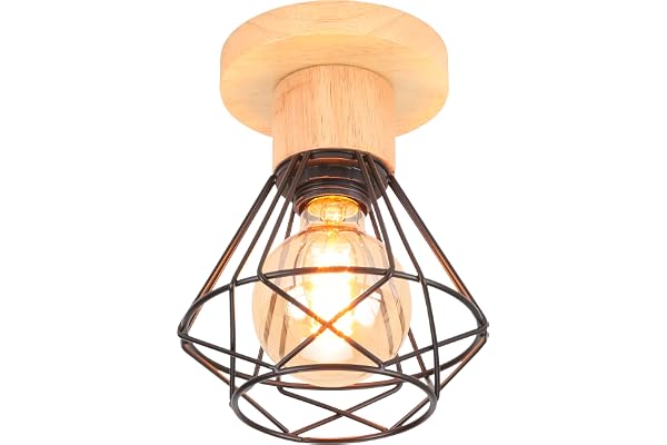 iDEGU Plafonnier Industriel, 16CM Vintage Luminaire E27 Rétro Lustre Suspension en Fer et Bois Cage Design Lampe de Plafond Noir pour Entrée Couloir Chambre Cuisine (1 Pack)