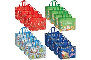 wsryx 16 Pack Christmas Tote Bags with Handle Large Gift Bag, Christmas Treat Bags, Reusable Non-Woven Christmas Bags for Gifts Wrapping Shopping, Xmas Party Supplies, 12.8"×9.8"×6.7"