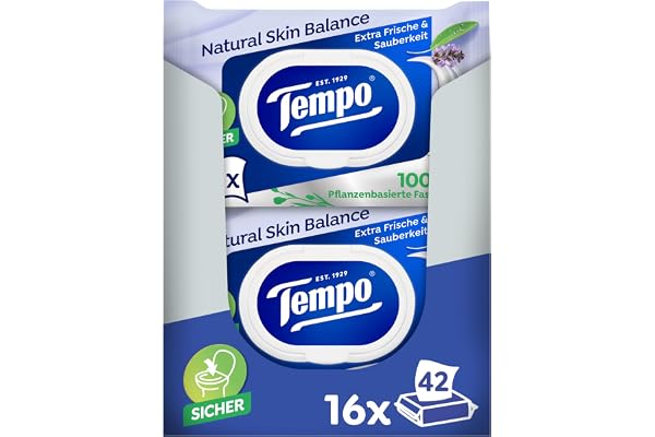 Tempo Toalettpapper, fuktigt, Natural Skin Balance, (16 förpackningar x 42 ark vardera), storpack