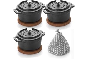 SUMNACON Lot de 3 mini cocottes rondes en fonte de 236,8 g avec couvercle et tapis en liège pour fête de famille, pique-nique