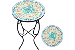 VONLUCE Mesa Auxiliar Redonda de Mosaico 35.5x53.5 cm Mesita de Mosaico de Plantas con Tabla Cerámica Mesa Auxiliar para Jardín, Balcón y Patio