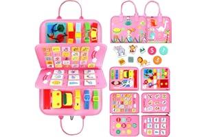 Qizfun Busy Board Montessori zabawka dla dzieci w wieku 1-, 2-, 3-4 lat, aktywność edukacyjna, tablica sensoryczna, nauka przedszkolna, doskonałe zabawki, zabawka podróżna do samolotu, prezent dla chłopców, dziewcząt (różowy/P4)