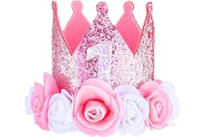 Wanmu First Birthday Crown for Girls, First Birthday Hat, Pink Sprinkle 1 Year Rose Gold Baby Girl Decoration, One Year Old Flowers Princess Outfit for Photo Props