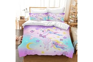 AVJWWD Set di Biancheria da Letto per Bambini, in Microfibra, con Motivo a Unicorno, con Stampa 3D, 3 Pezzi, con Chiusura a Strappo, Morbido per Ragazze (I, 135x200cm)