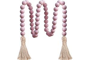 Meplait 39in Wood Bead Garland with Tassels, Farmhouse Rustic Decor Prayer Beads Boho Tassel Garland Wall Hanging Home Decor (Pink)
