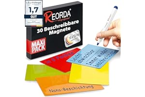‎REORDA Reorda® Magnetstreifen beschreibbar - 30 Stück wiederbeschreibbar - 10 x 15cm (Bunt) - Beschreibbare Magnete für Whiteboard, Kanban, Magnettafel oder als beschriftbare Magnete für den Kühlschrank