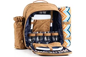 CampFeuer Zaino da Picnic per 4 persone (marrone) | set da picnic da 32 pezzi | incluso supporto per bottiglie e coperta in pile, grande scomparto termico, stoviglie e posate