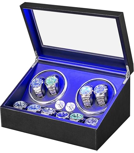 BEWISHOME Remontoir Montres Automatique 4 Slots Avec Lumière LED - Boîte Luxe Bois Et 6 Espaces Rangement