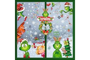 YUNLI 9 Blatt Grinch Weihnachtsaufkleber, Grinch Fensteraufkleber, Doppelseitig Grinch Schneeflocken Aufkleber, Fensterbilder Weihnachten Selbstklebend für Zuhause Schule Party Fensterdeko