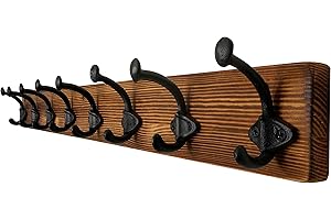 WEBI Percheros Pared Madera,8 Ganchos de Hierro Fundido,Colgador Pared,Percha Pared,Colgadores Pared,5 Ganchos Para Abrigos,Chaqueta,Marrón