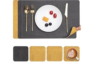 Myir JUN Skórzany zestaw stołowy i podstawki 4 sztuki, antypoślizgowe, dwustronne, zestaw stołowy, zmywalny, odporny na ciepło (szary żółty, zestaw 4 szt.)