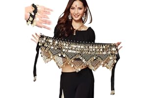 NEPAK 3 pièces Danse du Ventre Ceinture Belly,Foulard à Sequins Noir doré de Danse Orientale a piecette