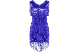 Agoky Damen Ärmellos Pailletten Kleid V-Ausschnitt Glitzer Quasten Partykleid Flapper Kostüm Tanzkleid Samba Tango Latein Outfits