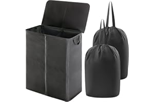 Lifewit 160L Podwójny Kosz Na Pranie Z Pokrywką I Wyjmowanymi Torbami Na Pranie, Podzielony Kosz Na Pranie Z Uchwytami, Duży Oddzielny Kosz Na Ubrania Do Sypialni, Łazienki, Sortowania Prania, Czarny